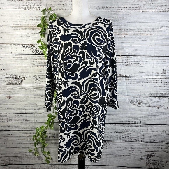 Ann Taylor Loft Dress size Small Black Blue Floral Boho Straight Knee Wedding - Picture 2 of 15